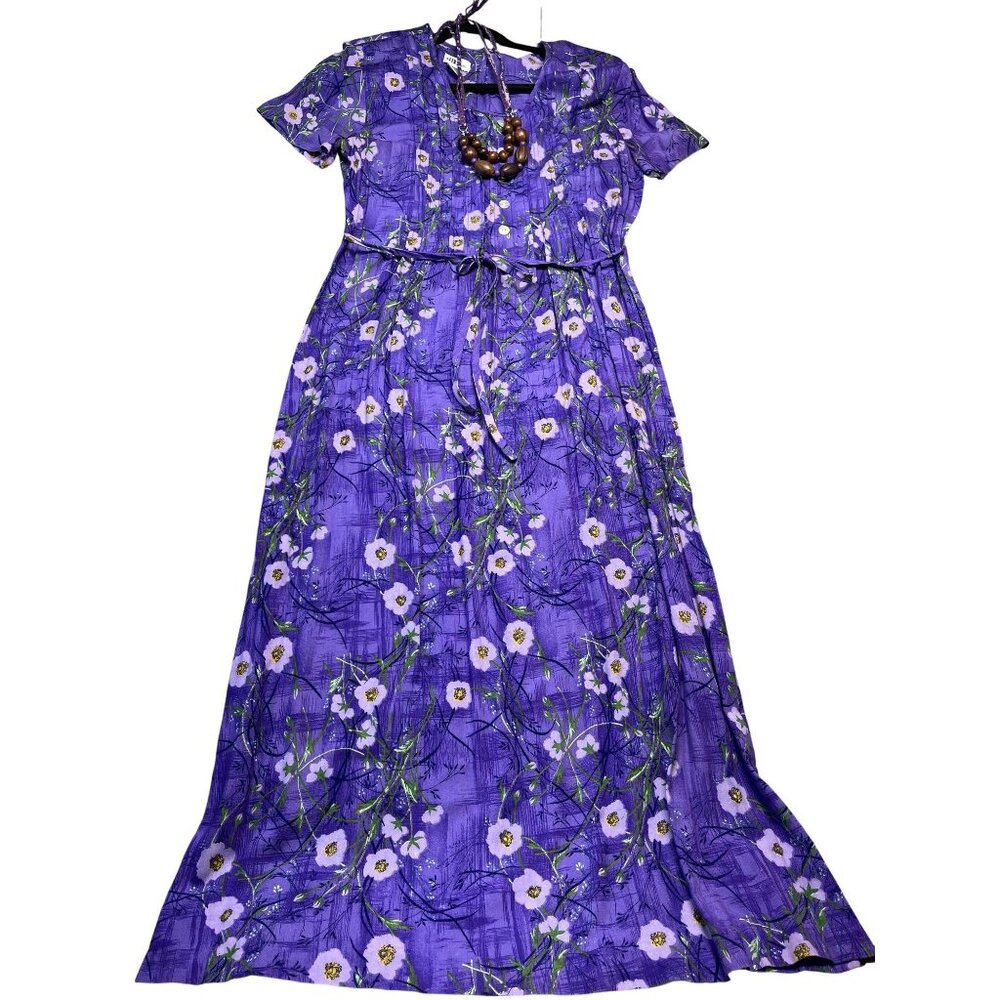 Vintage J.B.S. Ltd. Purple Floral Maxi Dress Sz 10 with beaded necklace‎